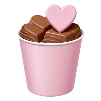 Two glossy square milk chocolate pralines placed diagonally, each in a white ridged paper cup, topped with a soft pastel pink heart icing with subtle sugar sparkle.
Cute minimal emoji-style, realistic and polished, clean studio lighting, pure white background, smooth 3D render, high resolution. sticker