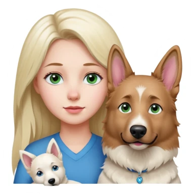 White European young woman with blue-green eyes and long blond hair with her white German Shepherd dog,the Dog has a pink nose and short fur  and Brown eyes sticker