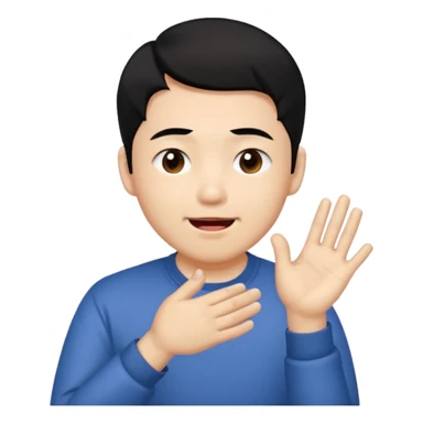 Asia guy black hair side part rubbing hand together and smirking with tongue out on the side a bit little eye and hands together sticker