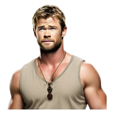 Chris Hemsworth shirtless, showing off his rugged chest and natural underarm charm sticker