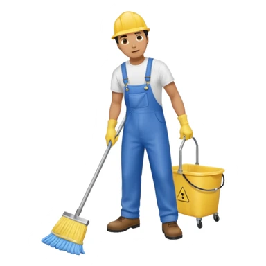 Custodian with yellow rubber gloves, white T-shirt, blue overalls, mopping floor sticker