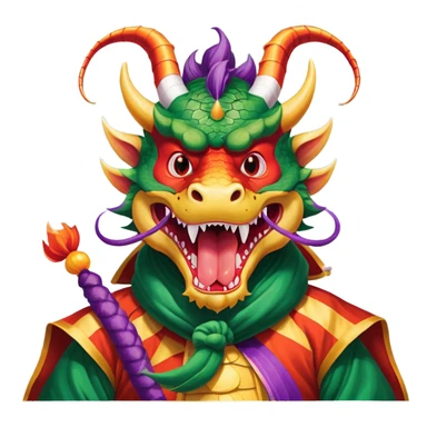 He is a Chinese dragon costume. His Chinese Dragon costume's head and face are red and his mouth is open with his tongue showing. His eyes are red and white vertical stripes and has horns behind the eyes. Under his chin is an orange party streamer. His nose puffs out actual smoke. His body and tail have red on the top, green at the bottom, dark green in the middle and a purple blanket below it. sticker