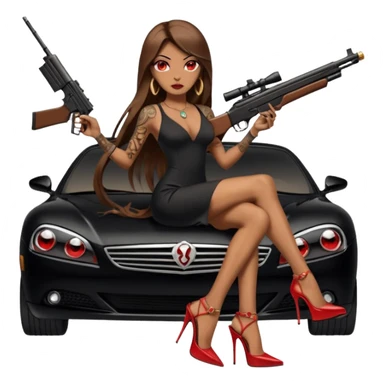 Lilith tan skin female red eyes symbol. Tattoo arms. Her hair is brown straight long hair.wearing sexy long sexy dress with slit. black stiletto thick platform high heels shoes on. Sitting on gold giant luxury car with cash inside . She is holding a sniper rifle in one hand cash in other hand sticker