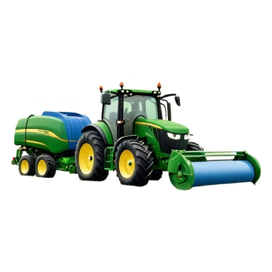 Baler – New Holland Roll-Belt 560 (2018) – Cinematic-realistic John Deere 6155M tractor towing a New Holland Roll-Belt 560 baler, its deep green body contrasting with the bright blue baler. The massive machine moves steadily through golden fields, compressing freshly cut hay into tight round bales, while dust swirls under the blazing afternoon sun. sticker