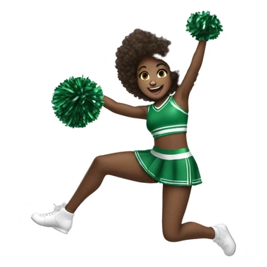 African-American girl, jumping up, happily holding two cheer pom-poms while wearing a green cheerleading outfit that reads pack in the center of the cheer uniform ￼ sticker