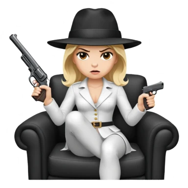 Mafia blondes angry woman in hat , gun ,black armchair , white costume  sticker