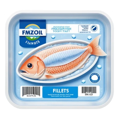 A vacuum-sealed plastic tray containing frozen white fish fillets, covered with thin layers of frost. The packaging has a clear window showing the fish, and a blue label with product details and a barcode. Realistic supermarket freezer setting with cold mist and LED lighting. sticker