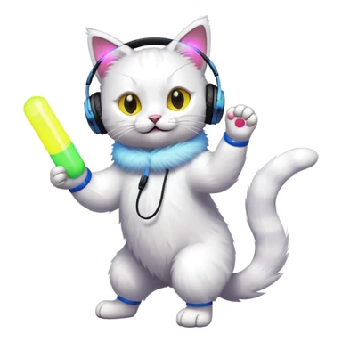cat dancing with headphones, glow sticks, college party atmosphere sticker