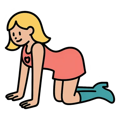 girl in a short dress with gogo boots, blond hair, cut-out heart in the dress, yoga cat pose sticker