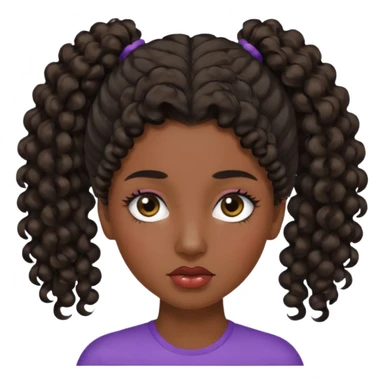 emoji sucking its lips in with one eyebrow up and the other one down dark skin and curly hair in one ponytail with eyelashes up to her hair sticker