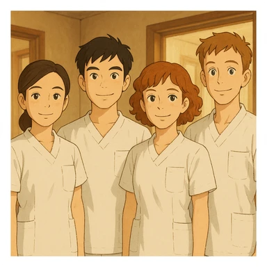Four nursing students standing side by side, inspired by the four provided faces, in a warm indoor atmosphere, wearing white short-sleeve medical tunics with V-neck, left chest pocket, no collar, no undershirt, no stethoscope, Ghibli style. sticker