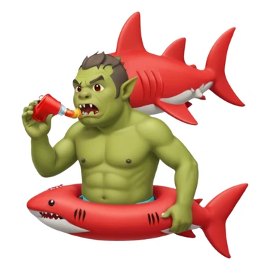 orc male in shark floatie, blowing whistle. Red swim trunks sticker