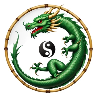 An icon symbolizing Eastern martial arts in the style of an emblem, with a black-and-white Yin-Yang symbol at the center. A dragon is placed on either side, representing strength and wisdom. The design includes bamboo and traditional elements. Transparent background sticker