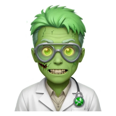 radioactive zombie scientist portrait, head and shoulders only, glowing toxic veins, cracked goggles, lab coat with radiation badge, sinister smile, 3D cartoon, mobile game icon style, clean background, no text, no watermark
 sticker