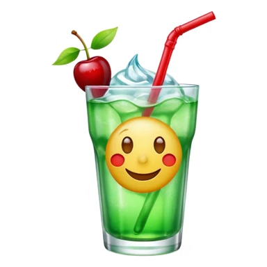 Create an emoji with a very clear rounded glass and ice, bright transparent green soda , a smooth vanilla scoop circle shape, a glossy red cherry, using vibrant colors, soft shading, and clear glass highlights.
 sticker