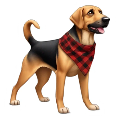 adult 75% Coonhound 25% German Shepherd mix dog with visible tail wearing small pointed red buffalo plaid bandana full body walking left quickly sticker
