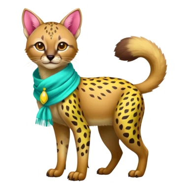 Colorful cute adorable tropical exotic fruity kiwi-green lemony rosy-pink blushing pastel neon-red Caracal-Cheetah-Civet-Trico-fusion-hybrid-animal-creature, full body, with tribal tattoos, wearing a yellow-and-cyan scarf sticker