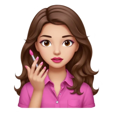 girl with long wavy brown hair, brown eyes, light to medium complexion, in a pink shirt, pink lips, long lashes, puckered lips, showing off painting long nails sticker