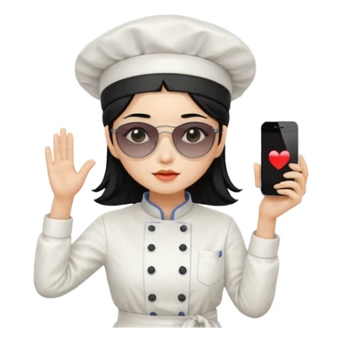 ["A sad woman with light skin, straight hair, wearing a chef hat and sunglasses, dressed in K-pop fashion, is dancing while holding a phone."] sticker