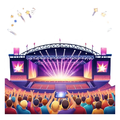An icon showing a stadium stage with a concert in full swing, bright stage lights illuminating the performers, and fireworks bursting in the sky. The excitement of the crowd is palpable, symbolizing a love for live music and unforgettable shows. transparent background. sticker