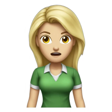 front view angry woman teacher long blonde hair dark eyes green shirt no glasses yelling sticker