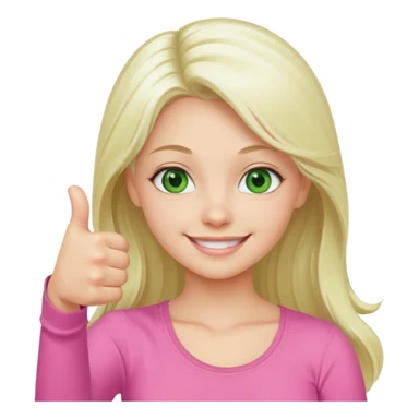 Long platinum blonde hair girl with green eyes in  pink top showing a thumbs up sticker