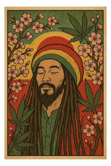 Vintage poster of an Asian Rasta with long dreadlocks, peaceful eyes, and a red-gold-green tam. Surrounded by cherry blossoms and ganja leaves. Background blends Rasta colors into an Asian flag (e.g., red sun from Japan or Chinese star). Retro reggae fusion vibe, with bold lines and aged paper texture.
 sticker