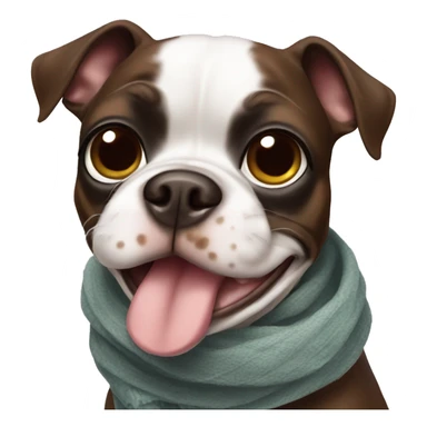 A brown spotted Boston terrier wearing scarf sticker