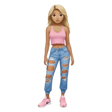 preppy teenage girl, blue eyes, tan, less blonde highlights, brown long hair, long eyelashes, beach aesthetic, wearing cute clothes, wearing ripped blue longer baggy jeans with a light pink sexy revealing low neck crop top, wearing Nike shoes, very sexy, very long eyelashes, very pretty sticker