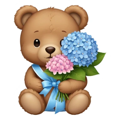 light brown teddy bear super cute holding a light pink and light blue bouquet of hydrangeas sticker