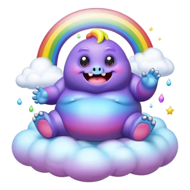 3D, Kawaii derpy fat rainbow monster sitting on a magic rainbow hued cloud, rich textures, visually detailed, so lifelike that it feels like it could leap off the page at any moment sticker