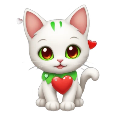 Super cute kitten with green anime eyes holding red hearts sticker