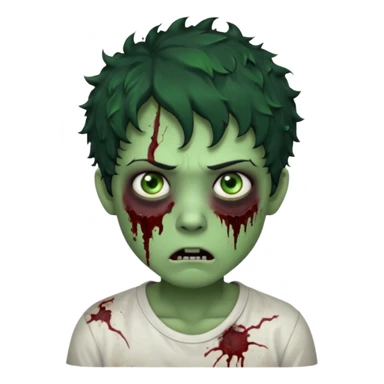 zombie character with green skin, messy short curly black hair, and no glasses. Give him large expressive eyes, a slightly frightened or eerie expression, subtle wounds, dark under-eye shadows, and a few cracks or dried blood marks on the face.  white shirt and no bleeding eyes **BLACK HAIR** sticker