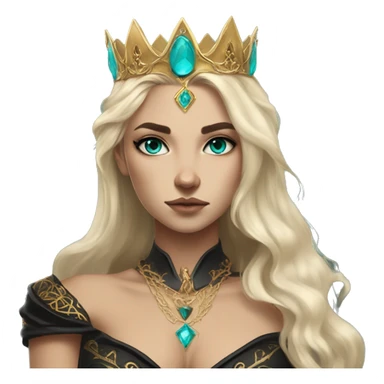 Aelin has white or golden blonde hair, turquoise eyes with a gold ring around the pupil, and tattoos and scars. Wearing a black and gold gown with a crown made of fire sticker
