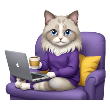 a cute blue eyed brown and white ragdoll cat with white paws and brown and beige tail wearing the dark violet sweater with yellow letteting "Milena" sitting on a grey sofa with grey laptop branded lettering "Lenovo" and drinking coffee sticker