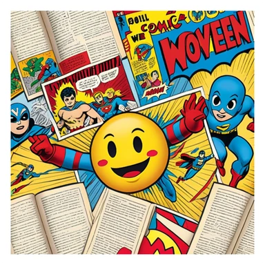 Create a vibrant emoji representing comic books and graphic novels as an art form. The design should feature a large, open comic book with vintage comic panels on the pages. Include a pencil (without a hand) gently writing text or sketching on the pages. The comic panels should have bold lines and retro-style artwork with classic comic book visuals. Use bright, energetic colors like red, yellow, and blue to evoke excitement and creativity. The overall design should feel dynamic, vintage, and artistic. Make the background transparent. sticker