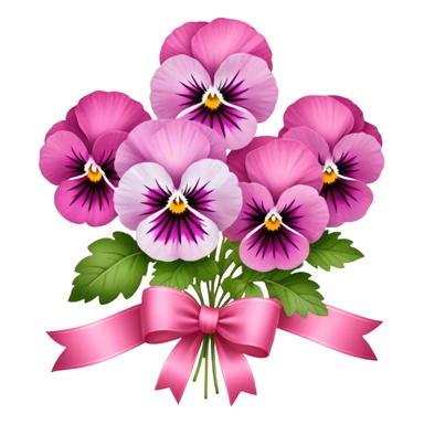 Delicate Orchid Pink pansies rest in a gentle arrangement, wrapped in a luxurious Wild Strawberry ribbon. The combination of soft florals and deep crimson elegance evokes timeless beauty." sticker