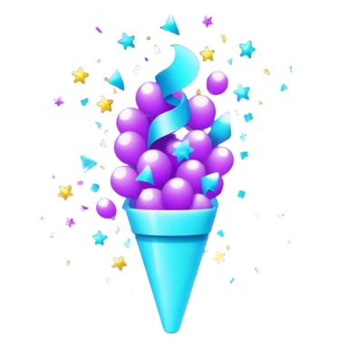 glowing confetti popper emoji, purple and cyan colors, emitting confetti and sparkles, vibrant celebration atmosphere sticker