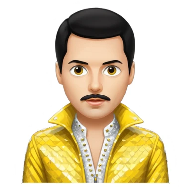 Freddie Mercury with black hair, white sequin shirt, yellow sequin jacket sticker