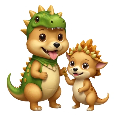 a golden retriever with a dinosaur costume thats eating a chihuahua thats in a dinosuar costume sticker
