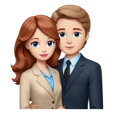 Barbie girl  , eyes blue , Chestnut red long wavy hair In pale beige clothes, Hugs a man with pale brown hair short haircut, brown eyes , and a black suit sticker