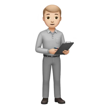 man mid 30's shirt and trousers balding hairline standing holding a clipboard sticker