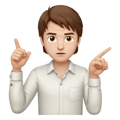 Weak man with disheveled hair pointing to his right sticker