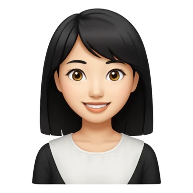 30 yr old asian woman center parted hair big eyes big smile tanned skin straight black hair hippie part hair white blouse shoulder length hair middle parted hair few short bangs at front trendy hair sticker