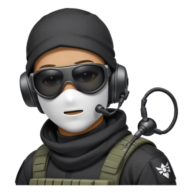 Futuristic special forces soldier wearing a white full-face balaclava, black wraparound sunglasses, and a high-tech military headset with a microphone. Dressed in a dark hoodie. sticker