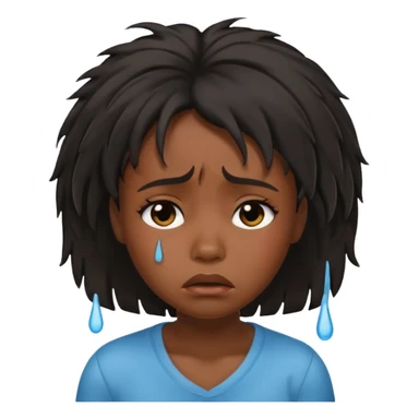 sad crying black girl with straight messy hair, iOS memoji style, expressive face, tears sticker