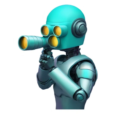 Secret half man half robot agent with a spyglass looking reviewing multicolor lines of code, cyan and purple colors sticker
