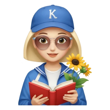 ["A happy girl with light skin, bald, wearing a baseball cap and sunglasses, dressed in K-pop fashion, is reading a book while holding a flower bouquet."] sticker