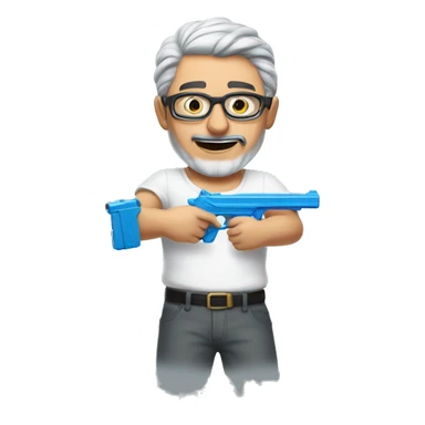 Turkish man with grey hair and protective glasses and white t-shirt aiming a water gun with one hand  sticker