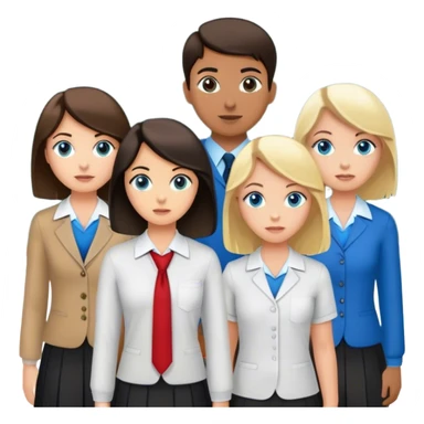three girls and one boy dressed as teachers standing in front of a school board, two of the girls are brunettes and fair-skinned, one of them is blonde and fair-skinned with blue eyes and the boy has dark hair and medium skin tone sticker